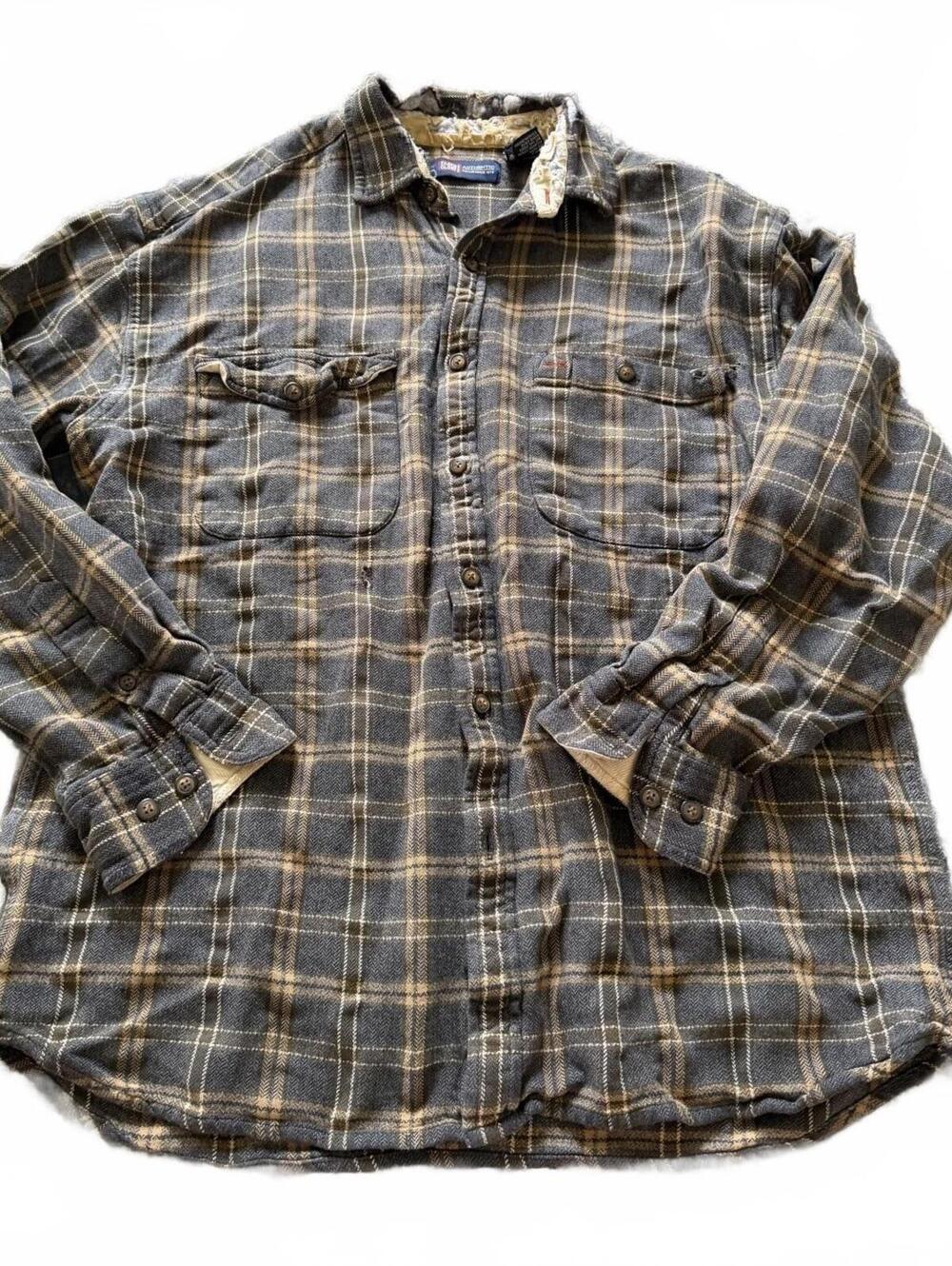 Faded Glory Men’s Medium Gray Brown Plaid Flannel Shirt Distressed Grunge Y2K